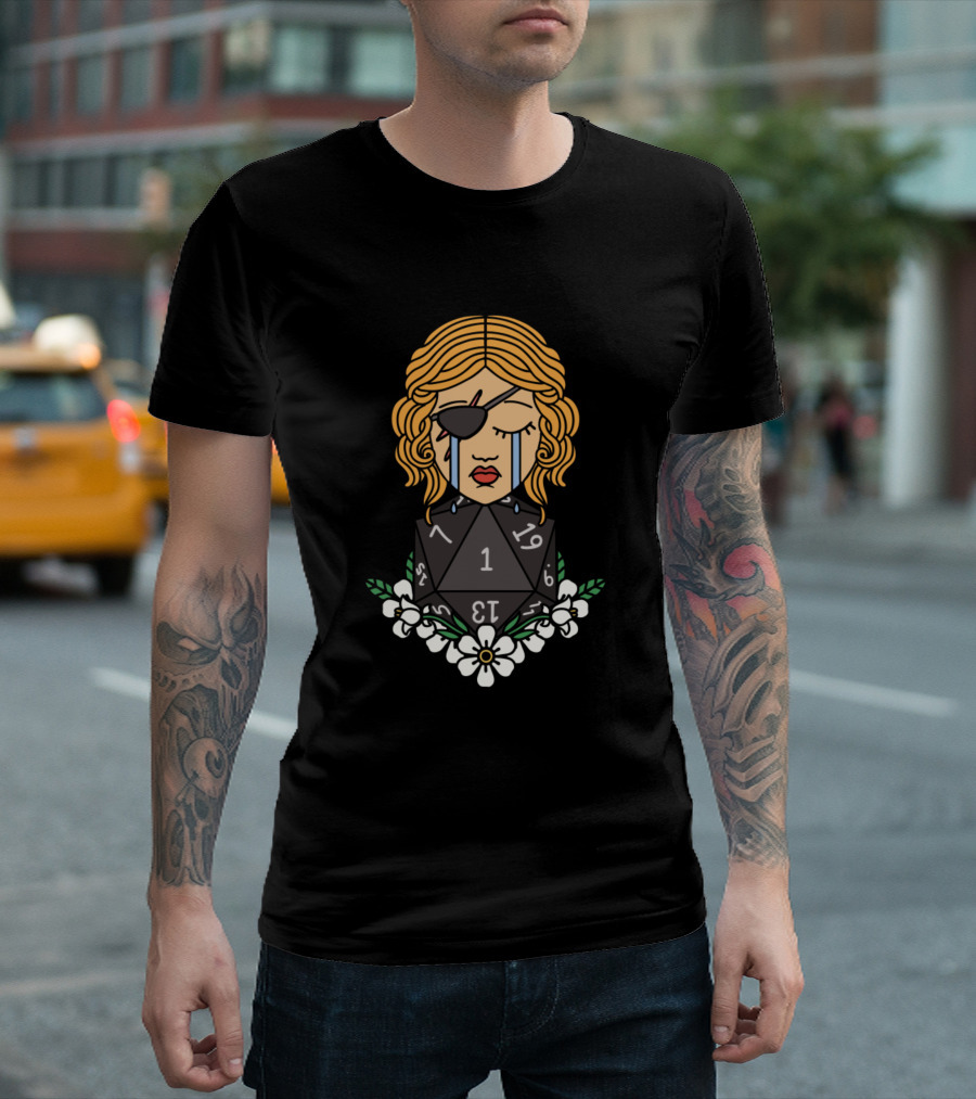 Crying Rogue Eyepatch Tears Floral D20 Dice T-Shirt
