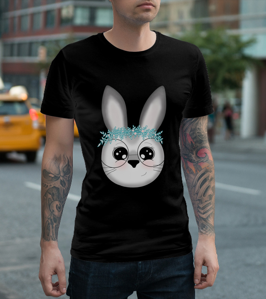Cute Bunny with Glasses and Big Eyes Wearing Floral Crown T-Shirt