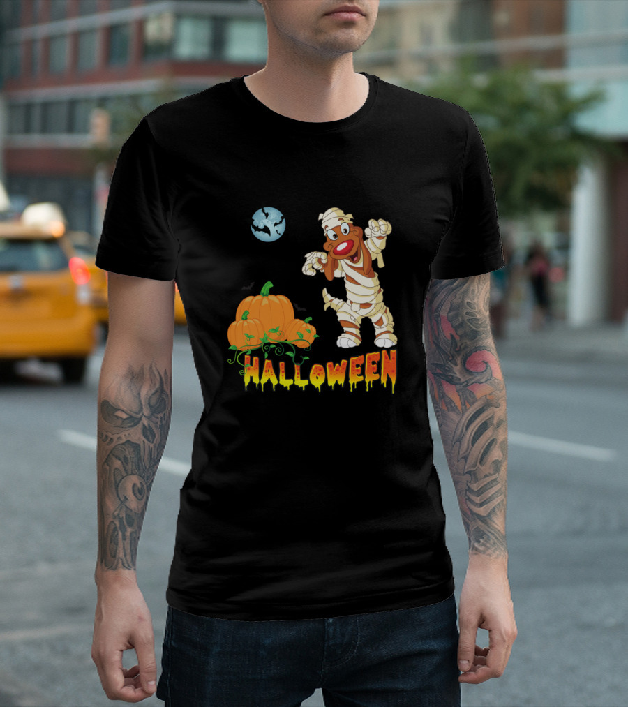 Halloween Dog Mummy with Pumpkins and Moon Scene T-Shirt