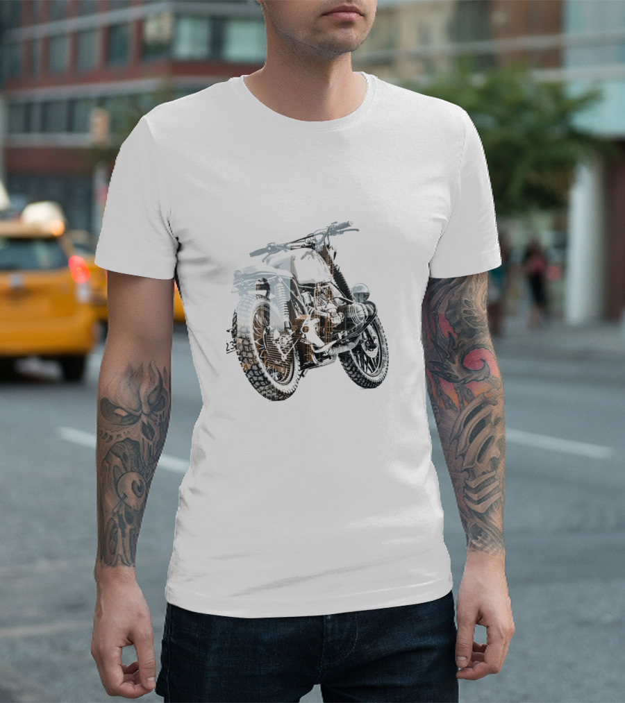 Double Exposure Motorcycle with Urban Cityscape Background T-Shirt