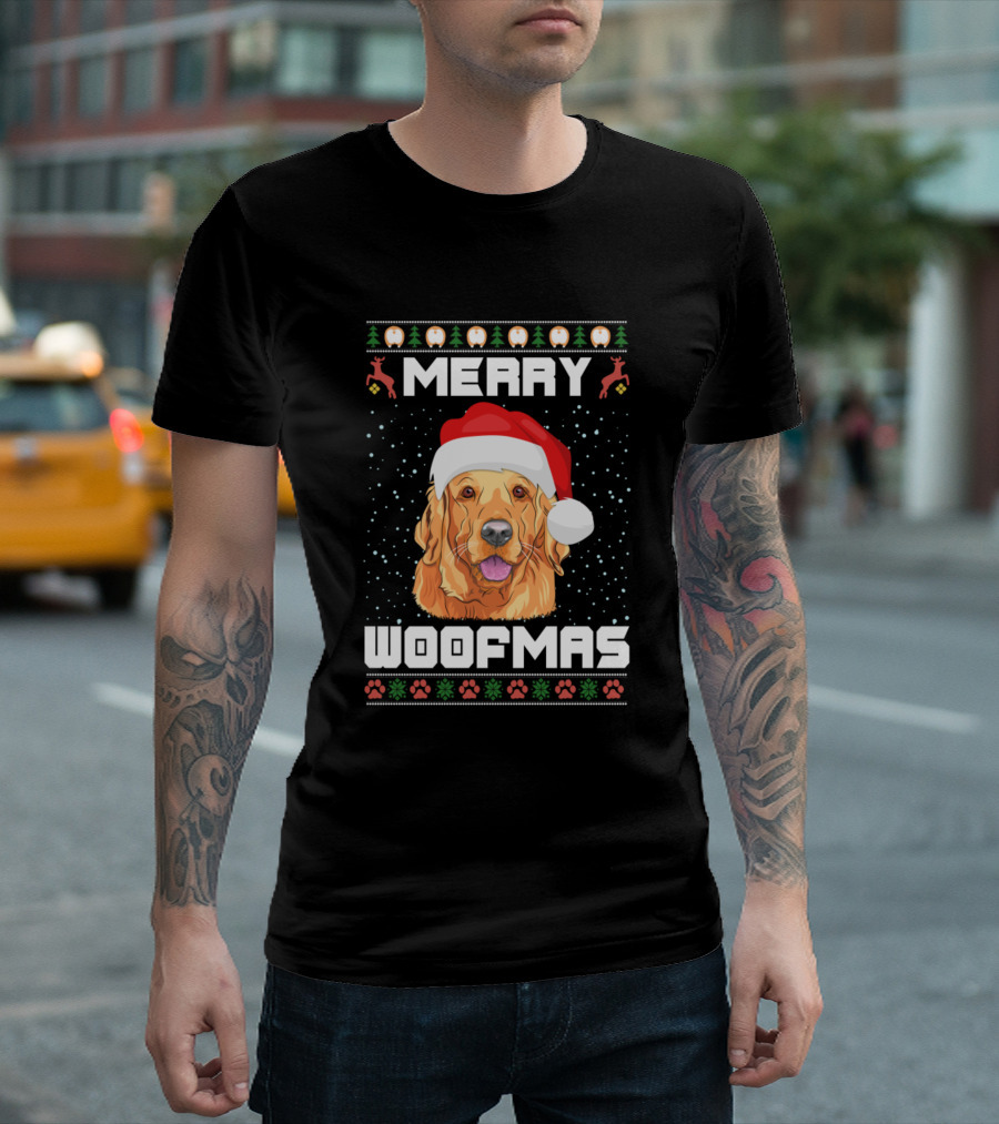 Merry Woofmas Golden Retriever Christmas Dog Santa Hat Snowflakes T-Shirt