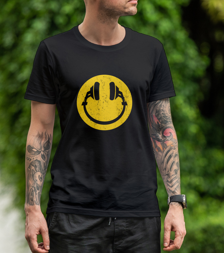 Headphones Smiley Face Grunge Yellow Circle T-Shirt