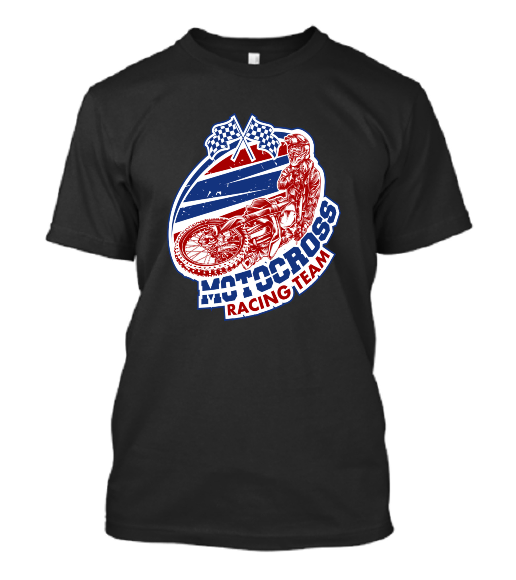 Motocross Racing Team Red White Blue Rider Checkered Flags T-Shirt