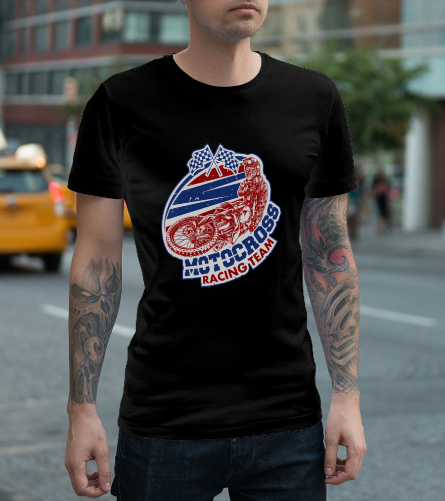 Motocross Racing Team Red White Blue Rider Checkered Flags T-Shirt