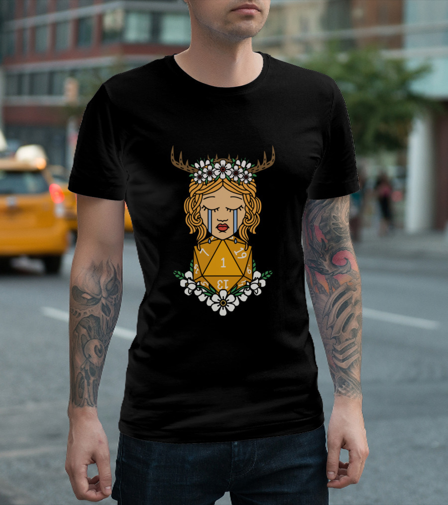 Natural One Druid Dice with Deer Antlers and Flower Crown T-Shirt