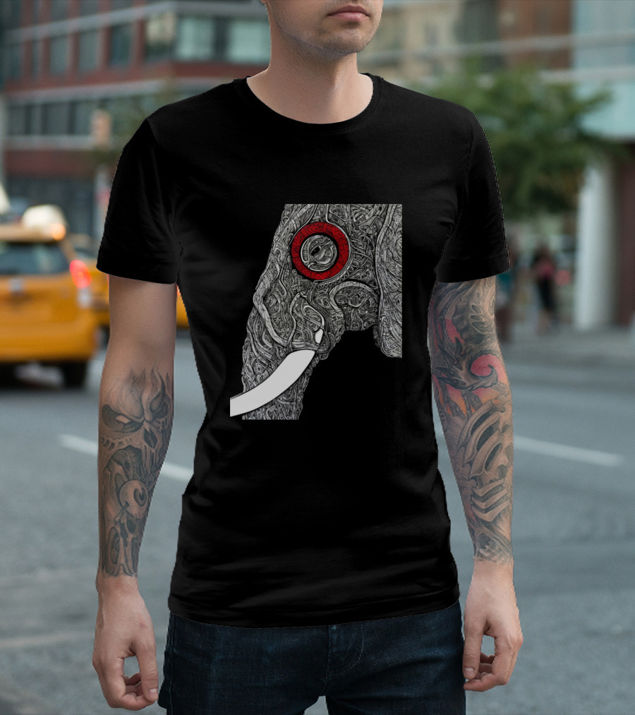 Raji Intricate Elephant Design with Red Circular Accent T-Shirt