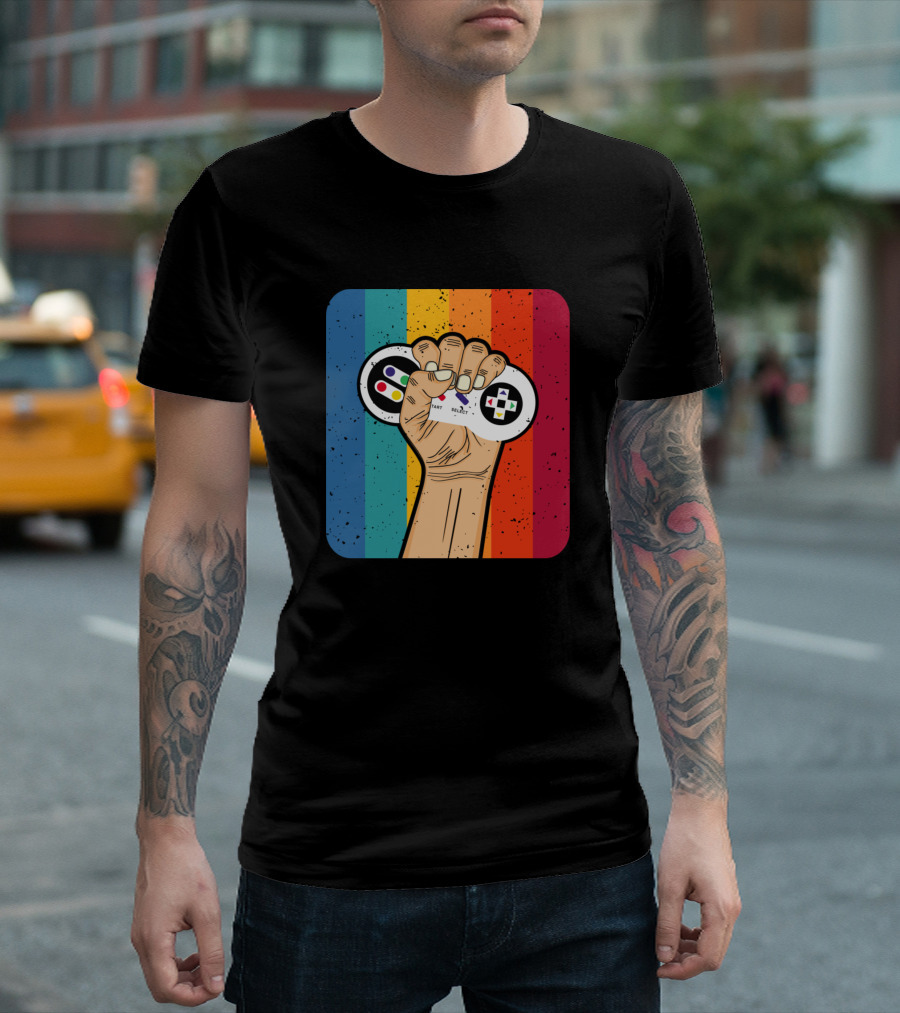Retro Rainbow Fist Holding Game Controller T-Shirt