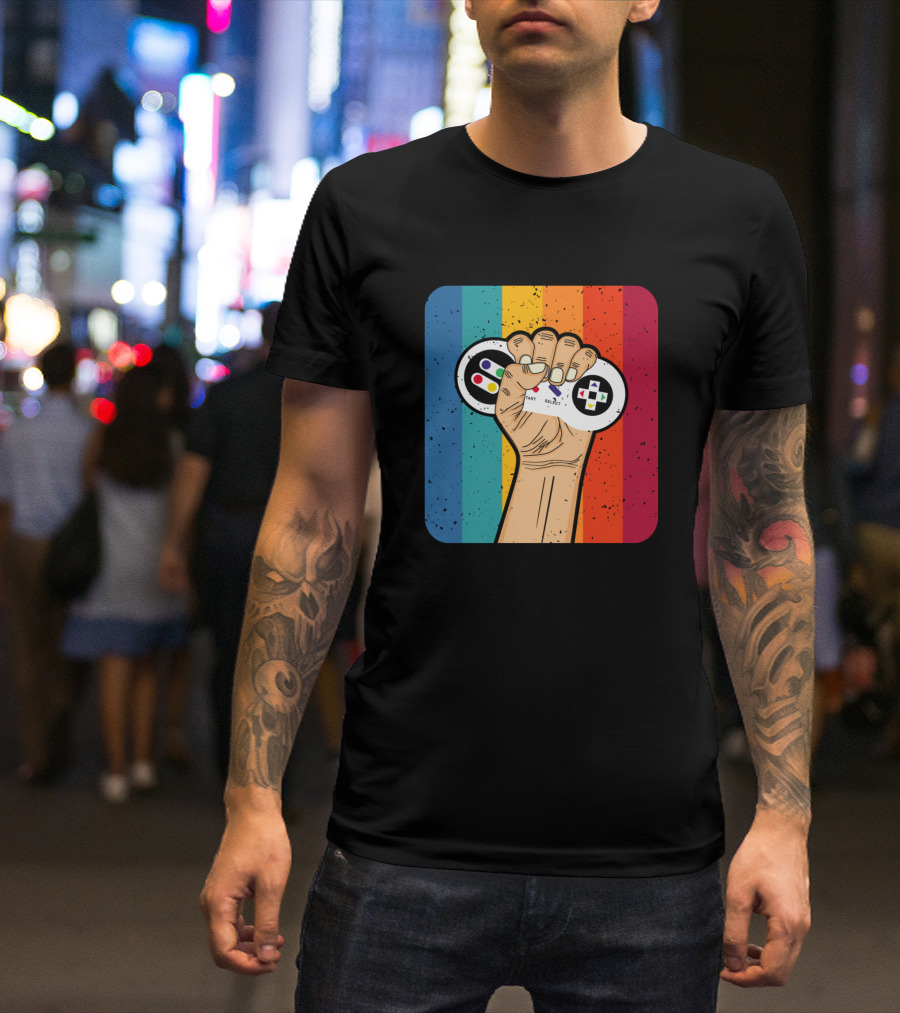Retro Rainbow Fist Holding Game Controller T-Shirt