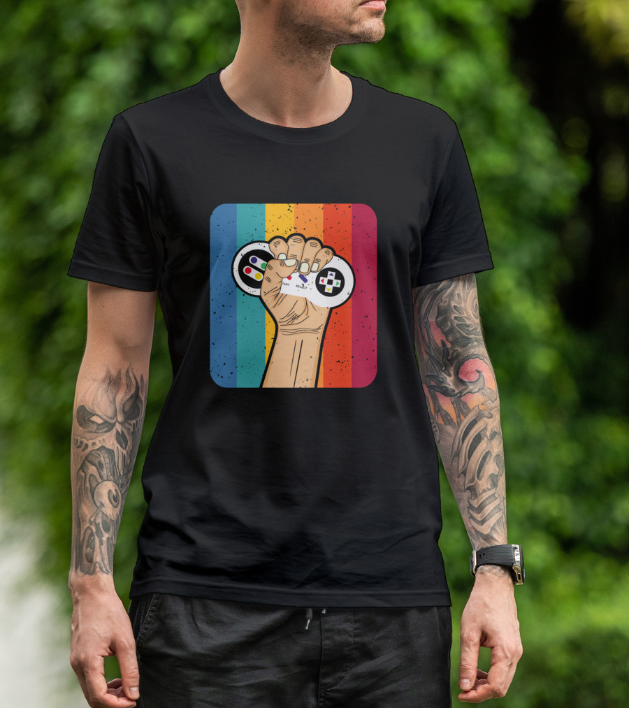 Retro Rainbow Fist Holding Game Controller T-Shirt