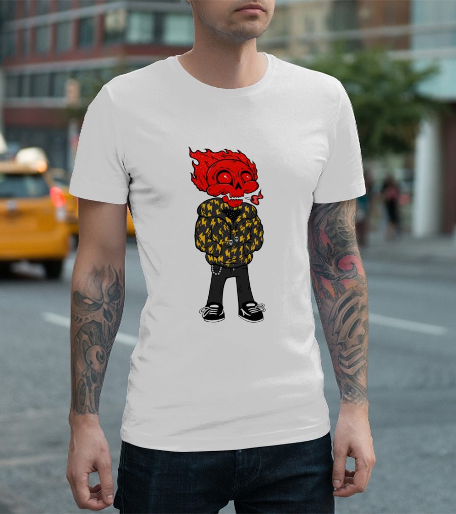 2666 Skull Dude in Red Flame Head with Lightning T-Shirt