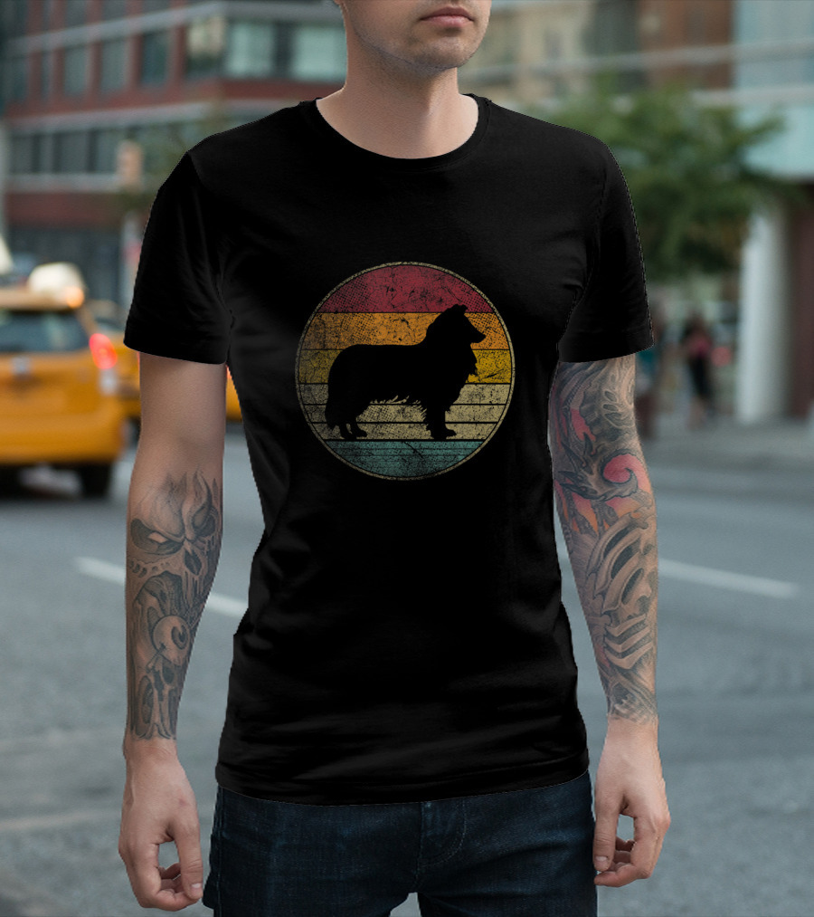 Vintage Distressed Border Collie Dog Silhouette Retro Stripes T-Shirt