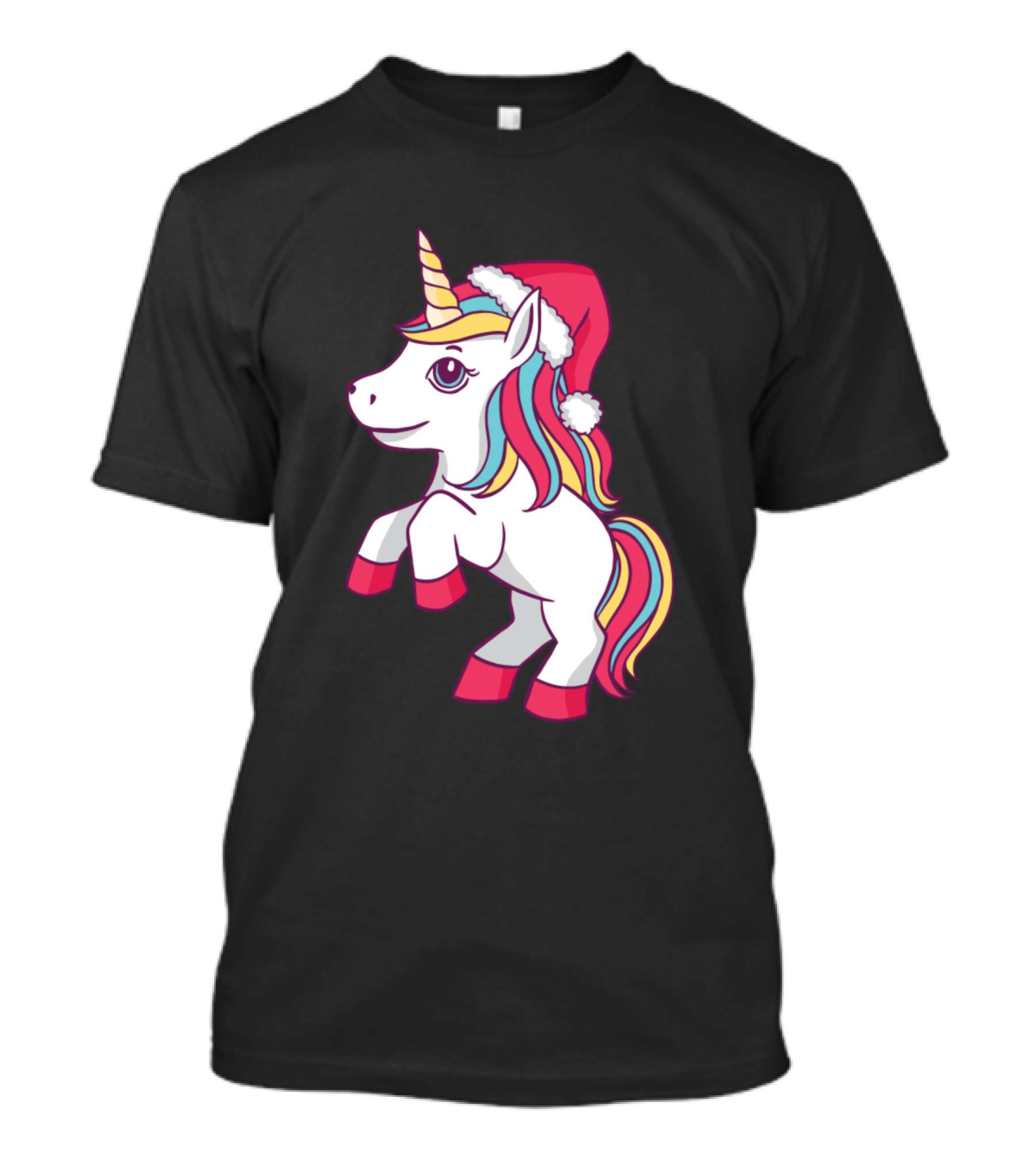 Cute Christmas Unicorn With Santa Hat And Colorful Mane T-Shirt