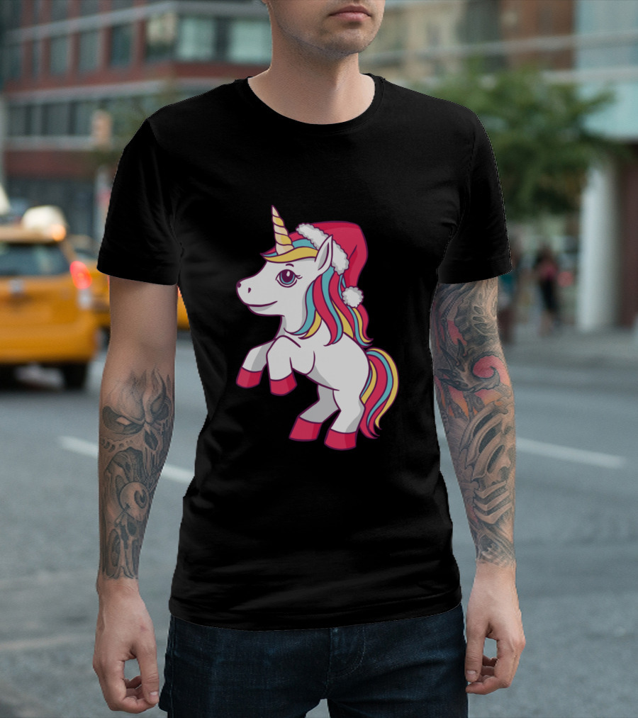 Cute Christmas Unicorn With Santa Hat And Colorful Mane T-Shirt