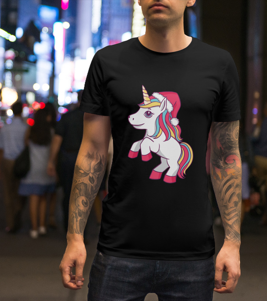 Cute Christmas Unicorn With Santa Hat And Colorful Mane T-Shirt
