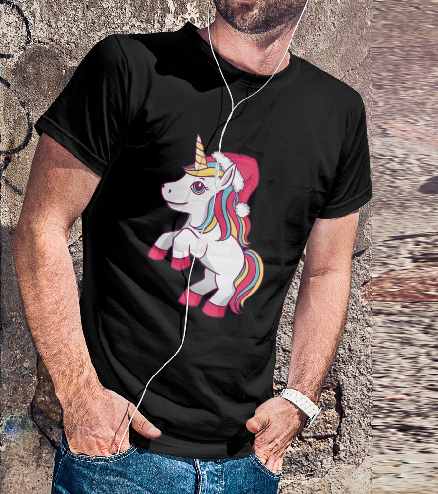 Cute Christmas Unicorn With Santa Hat And Colorful Mane T-Shirt