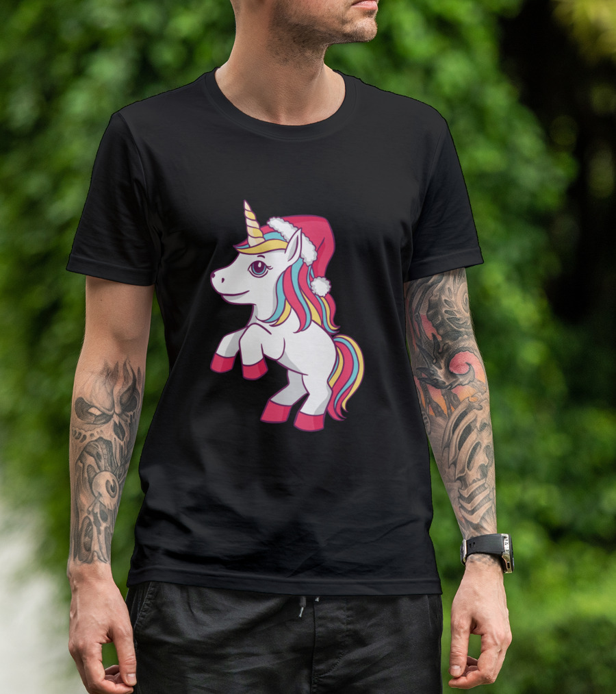 Cute Christmas Unicorn With Santa Hat And Colorful Mane T-Shirt