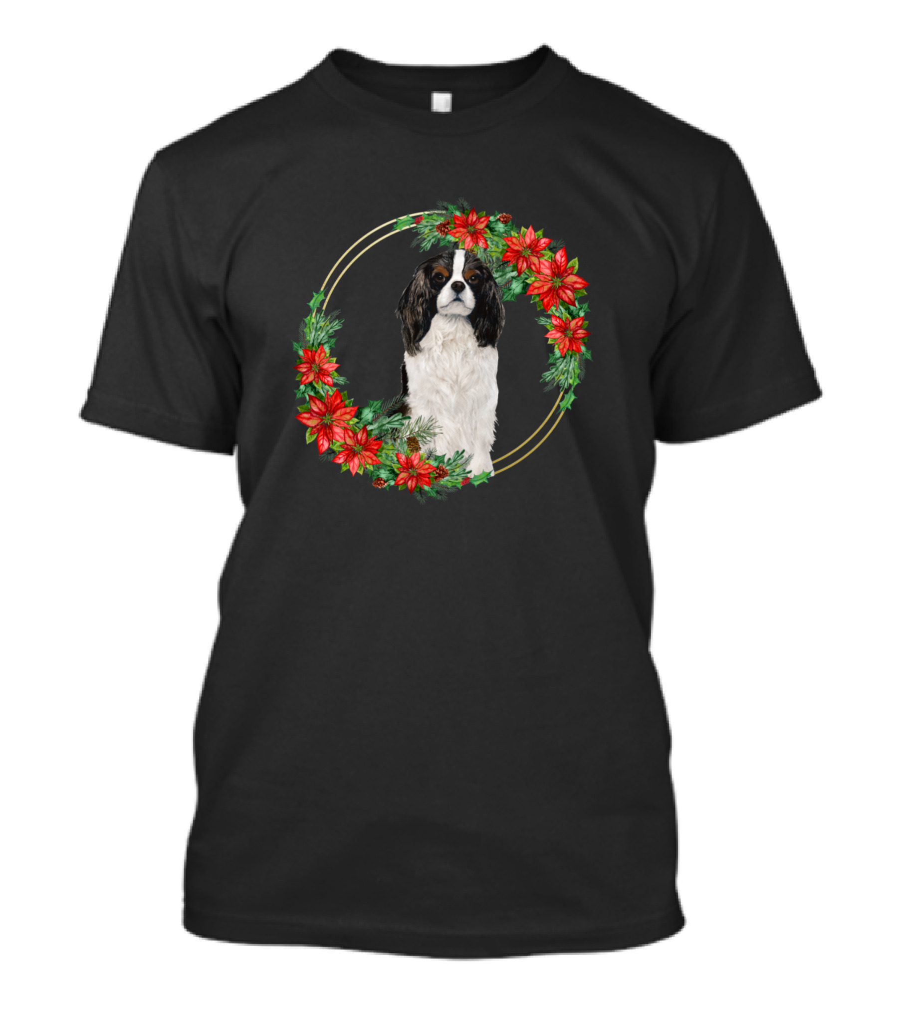 Cute Christmas Cavalier Black Dog In Holiday Wreath With Red Flowers T-Shirt