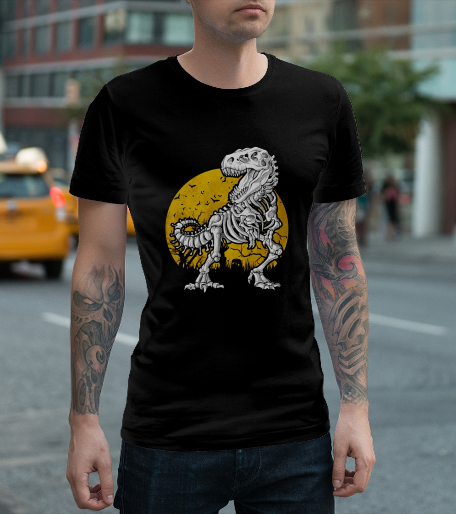 Dinosaur Bones Skeleton T-Rex Silhouette With Moon Background T-Shirt