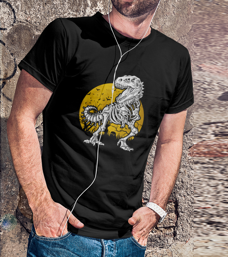 Dinosaur Bones Skeleton T-Rex Silhouette With Moon Background T-Shirt