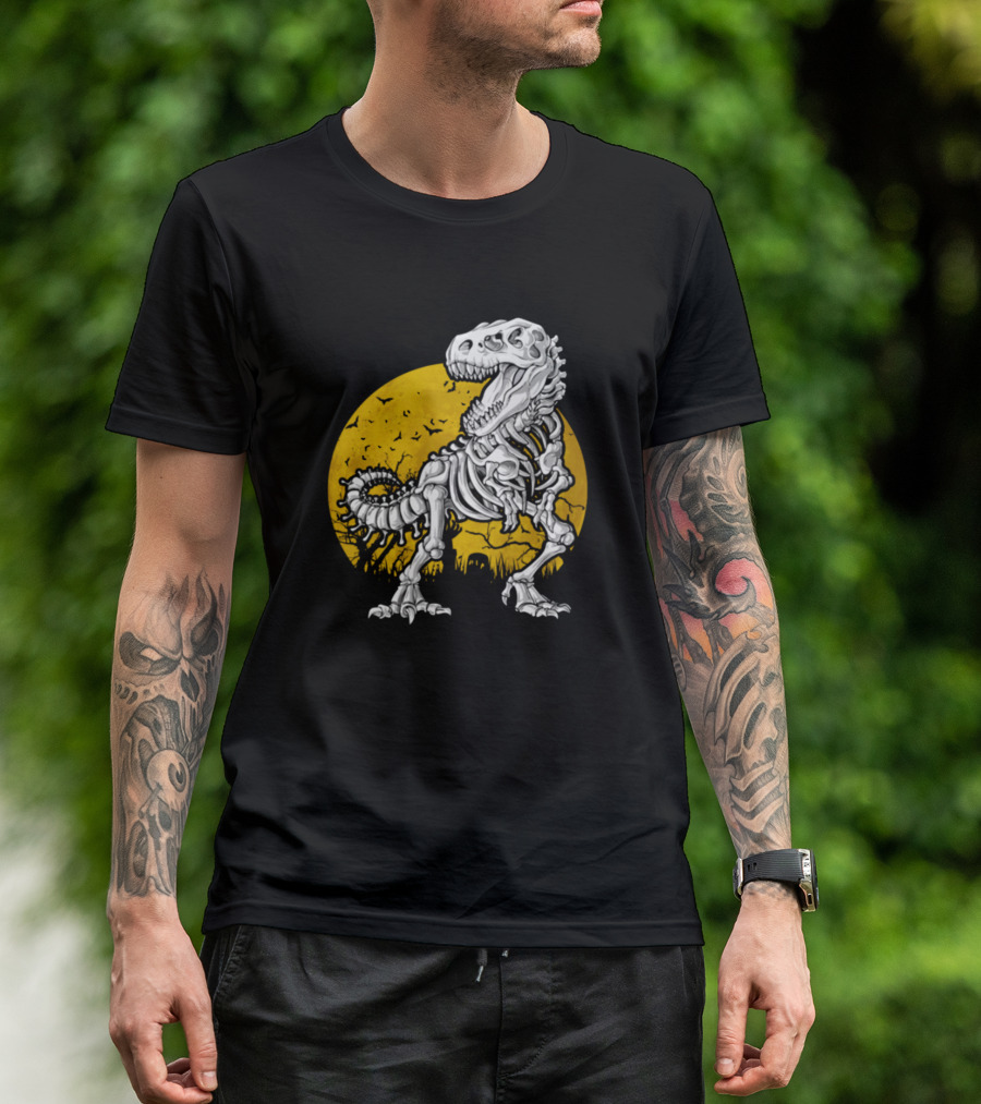 Dinosaur Bones Skeleton T-Rex Silhouette With Moon Background T-Shirt