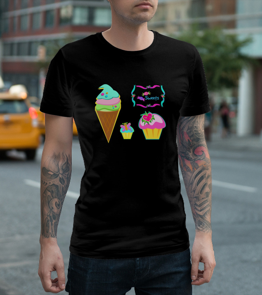 Sweets Ice Cream and Cupcakes with Butterflies and Flowers T-Shirt