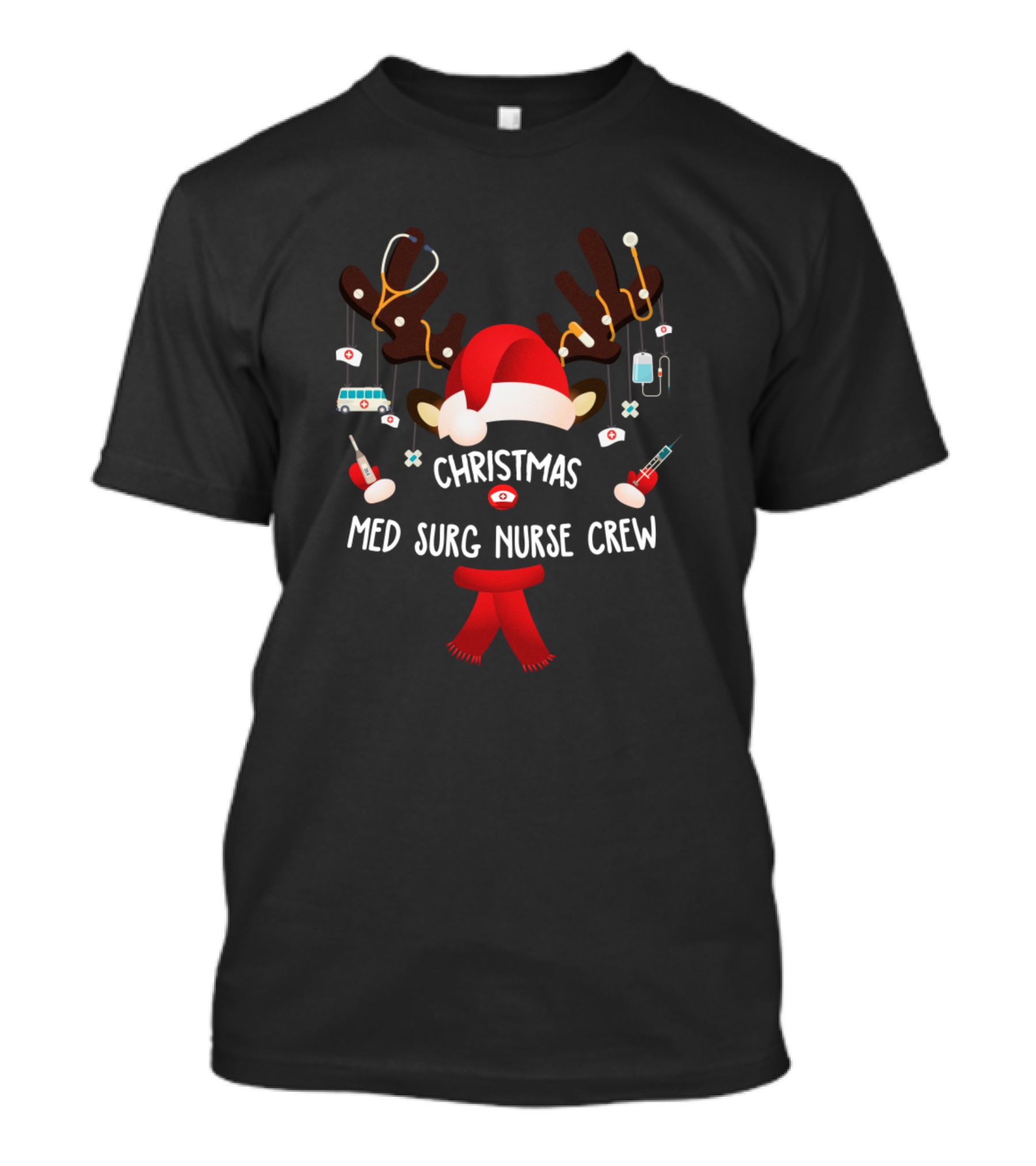 Christmas Med Surg Nurse Crew Reindeer Santa Hat Stethoscope Ambulance T-Shirt