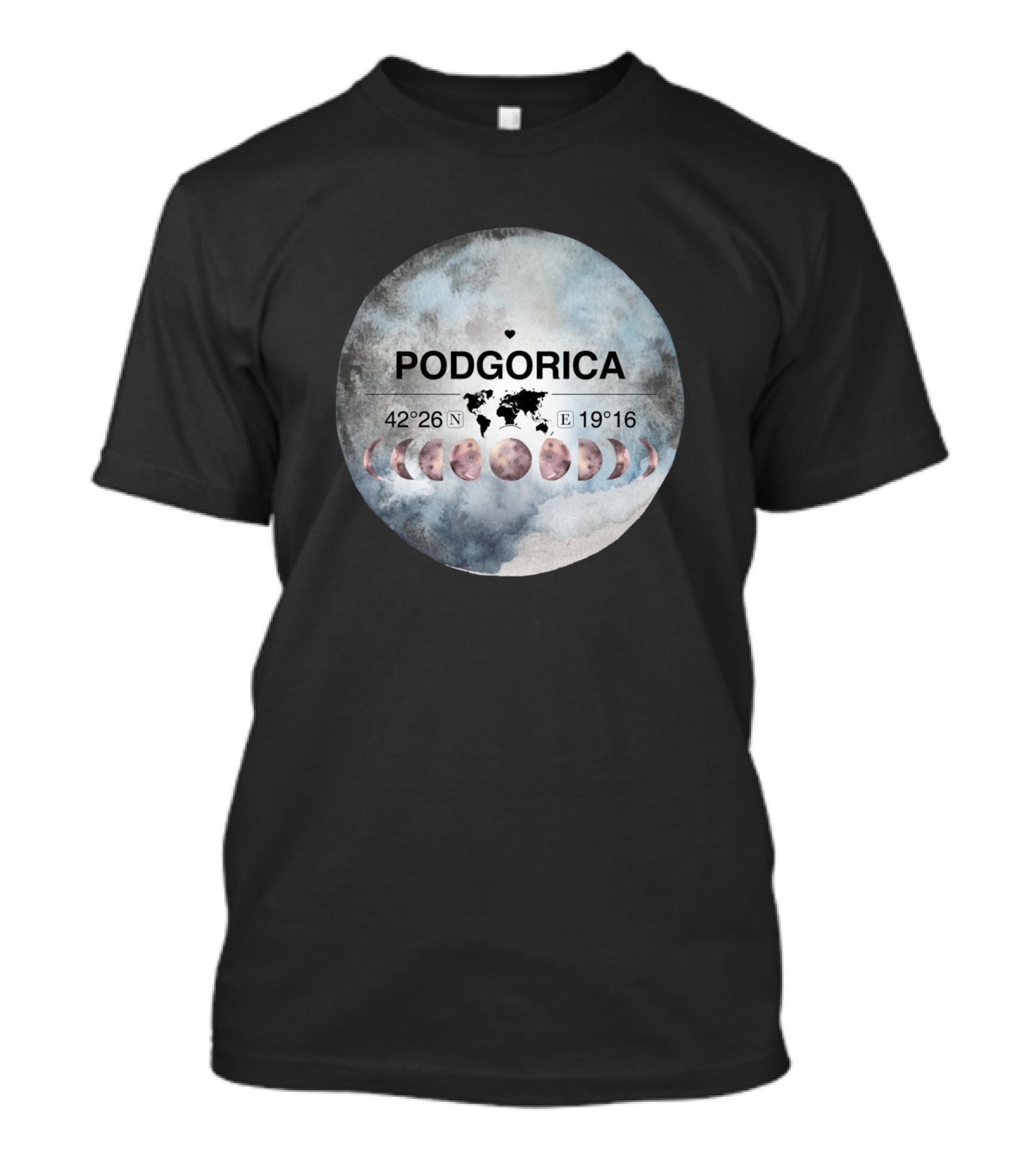 Podgorica Montenegro 42°26'N 19°16'E Watercolor Moon Phases T-Shirt