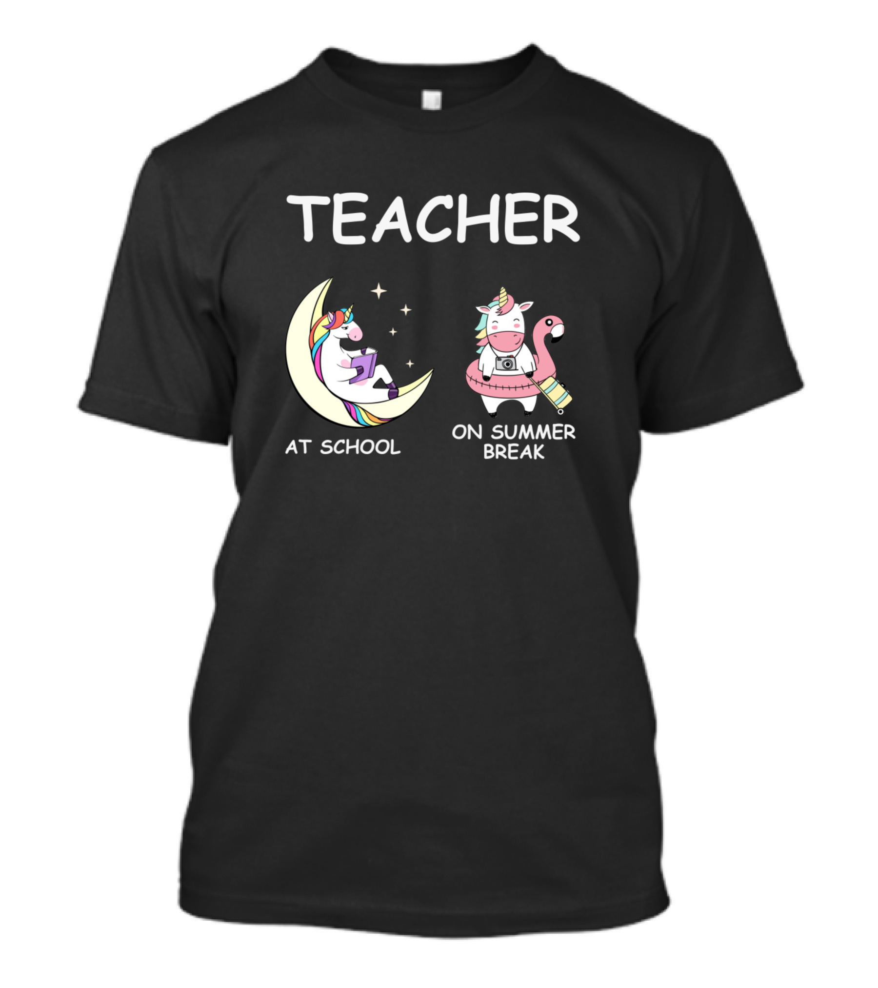 Teacher Unicorn At School Reading On Moon And On Summer Break Relaxing On Inflatable T-Shirt