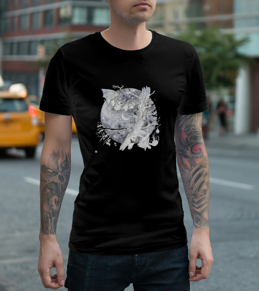 Alcathie Bat Moonlit Scene with Branches and Stars T-Shirt