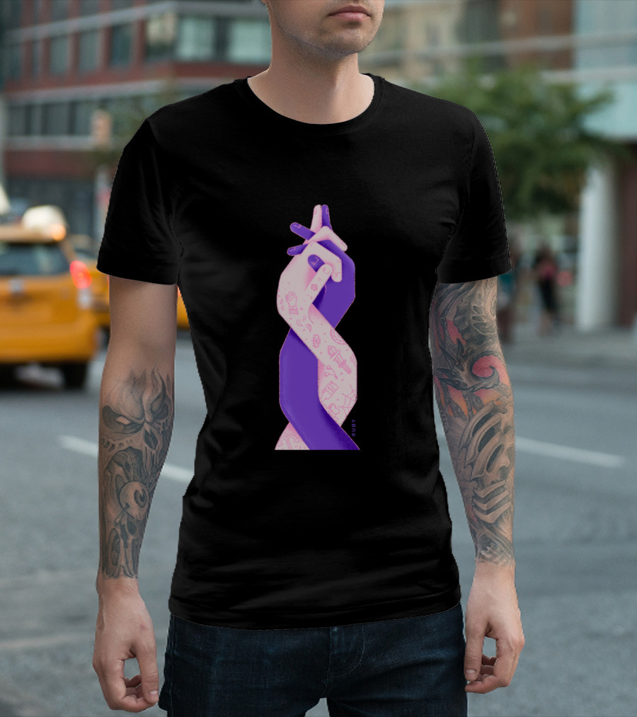 Purple and Pink Tattooed Hands Illustration by Ruby T-Shirt