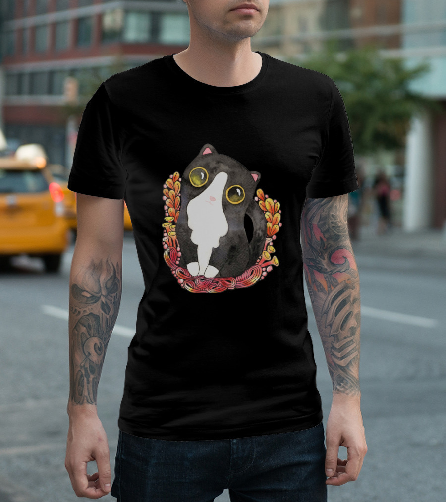 Black Cat Yellow Eyes Floral T-Shirt