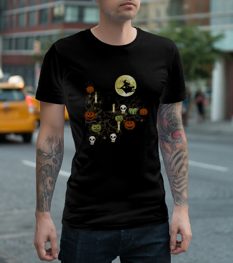 Black Cat Pumpkin Skull Tree Witch Flying Halloween Moon T-Shirt