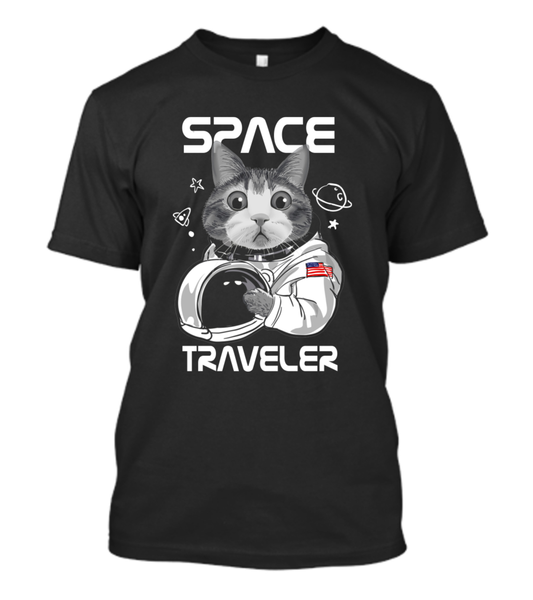 Space Traveler Cat Astronaut With USA Flag T-Shirt