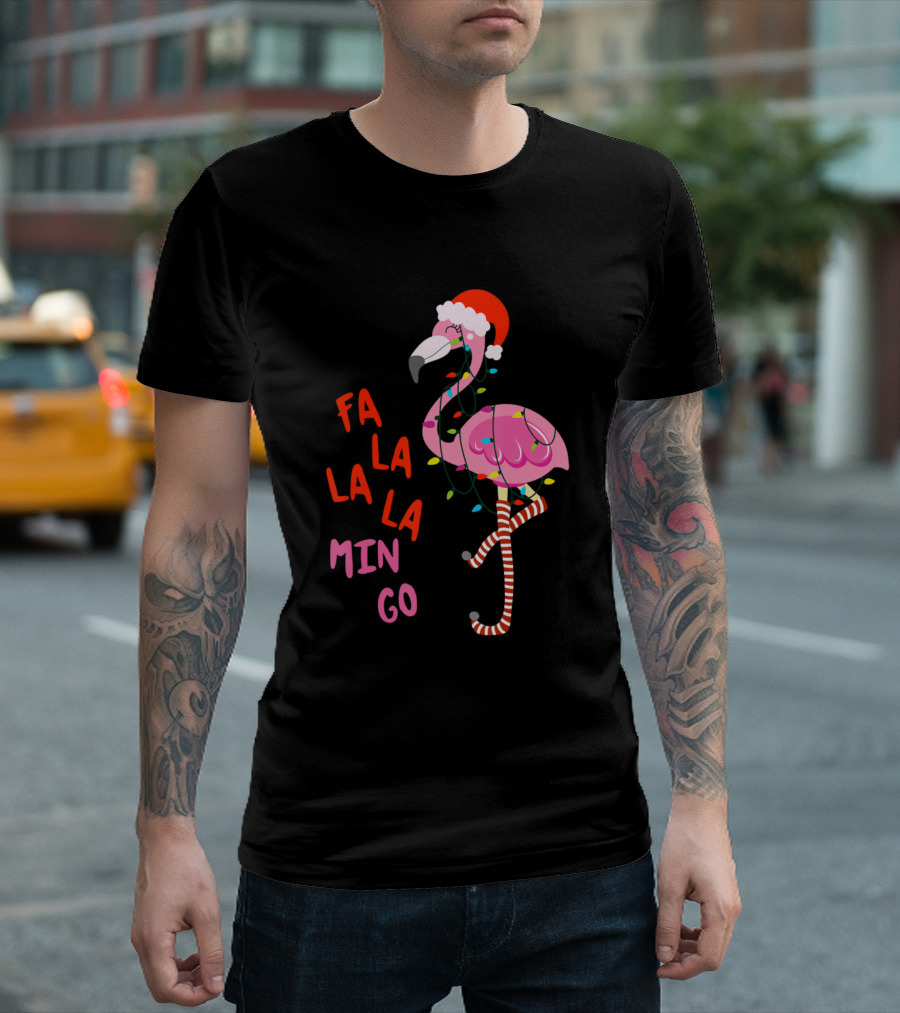 Fa La La La Mingo Flamingo Christmas Lights Santa Hat T-Shirt