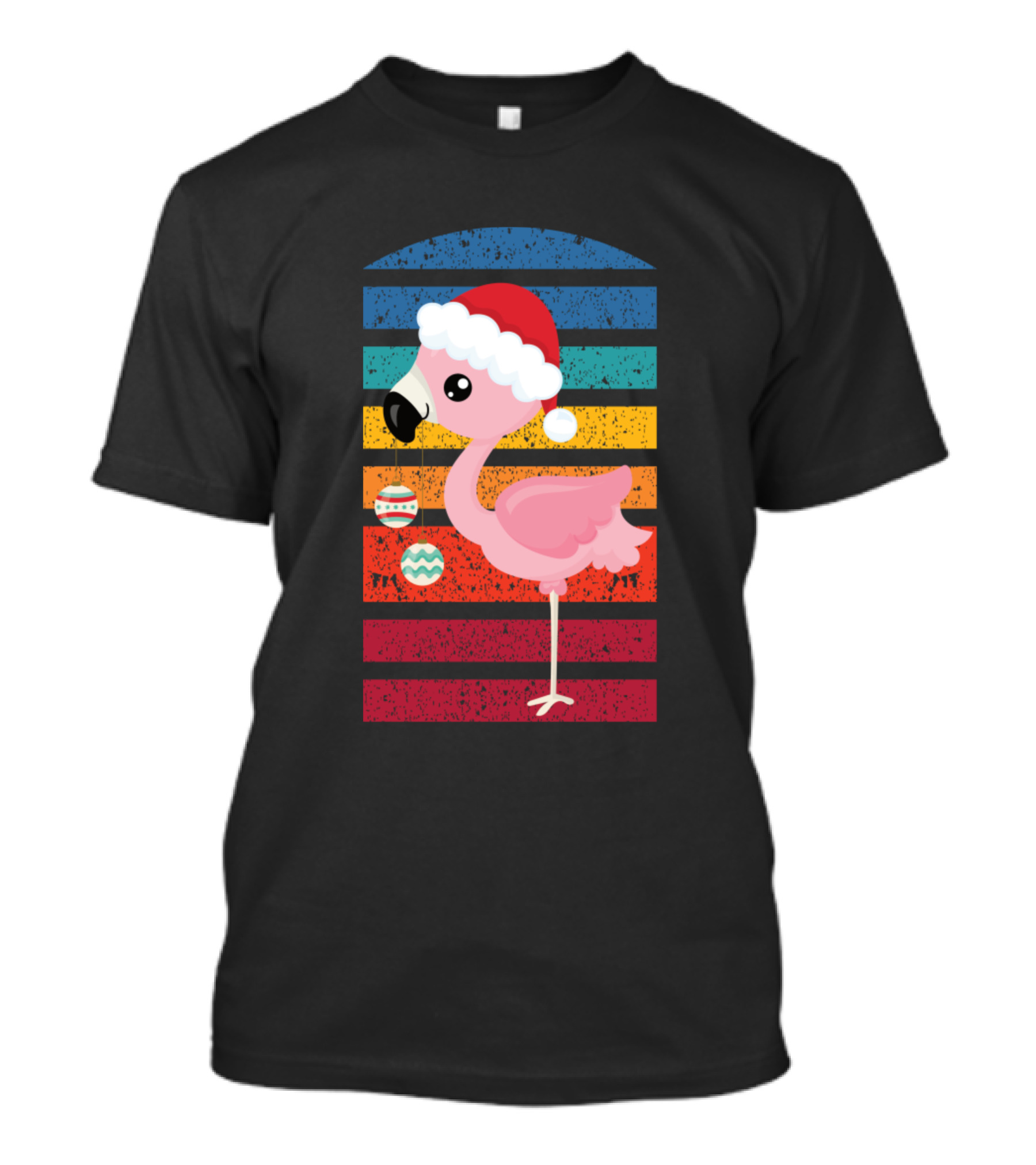 Flamingo Santa Hat Christmas Retro Rainbow Stripes T-Shirt