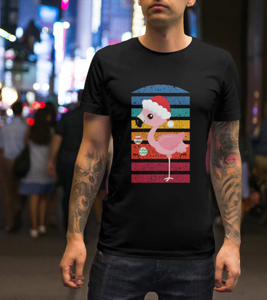 Flamingo Santa Hat Christmas Retro Rainbow Stripes T-Shirt