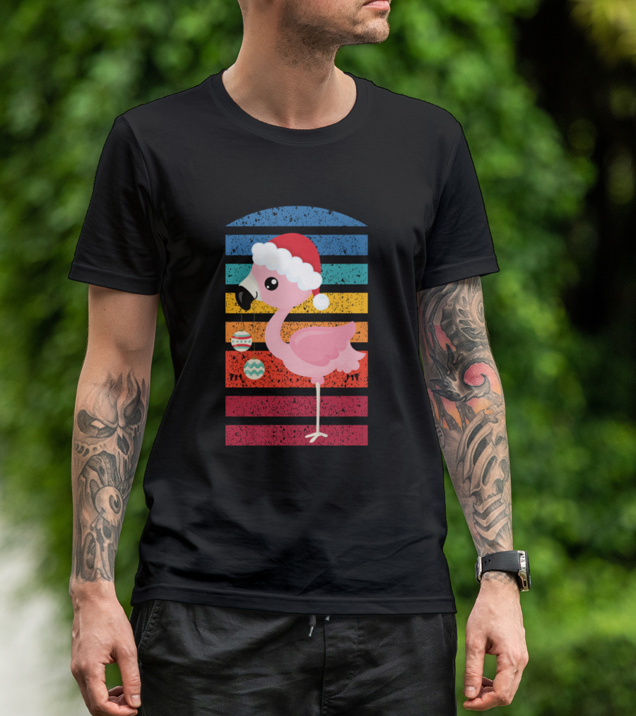Flamingo Santa Hat Christmas Retro Rainbow Stripes T-Shirt