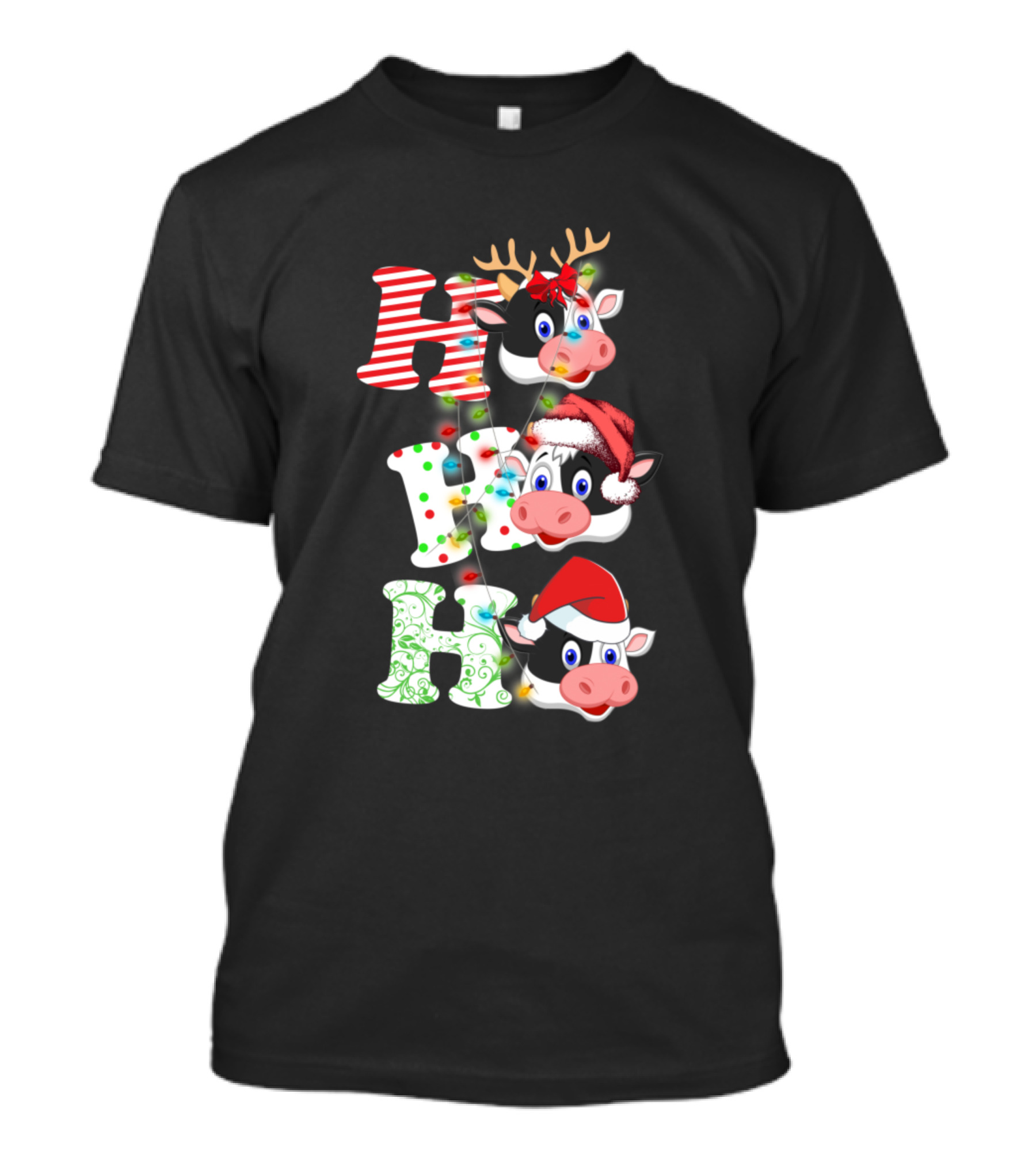 Ho Ho Ho Cow Christmas Lights Reindeer Antlers Santa Hat T-Shirt