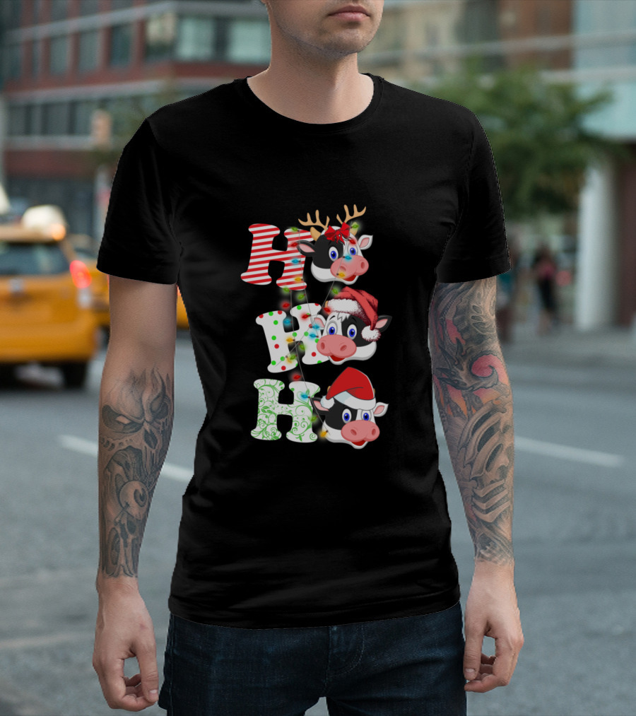 Ho Ho Ho Cow Christmas Lights Reindeer Antlers Santa Hat T-Shirt