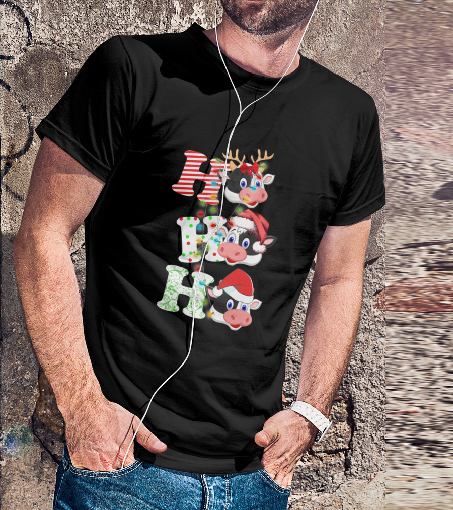 Ho Ho Ho Cow Christmas Lights Reindeer Antlers Santa Hat T-Shirt