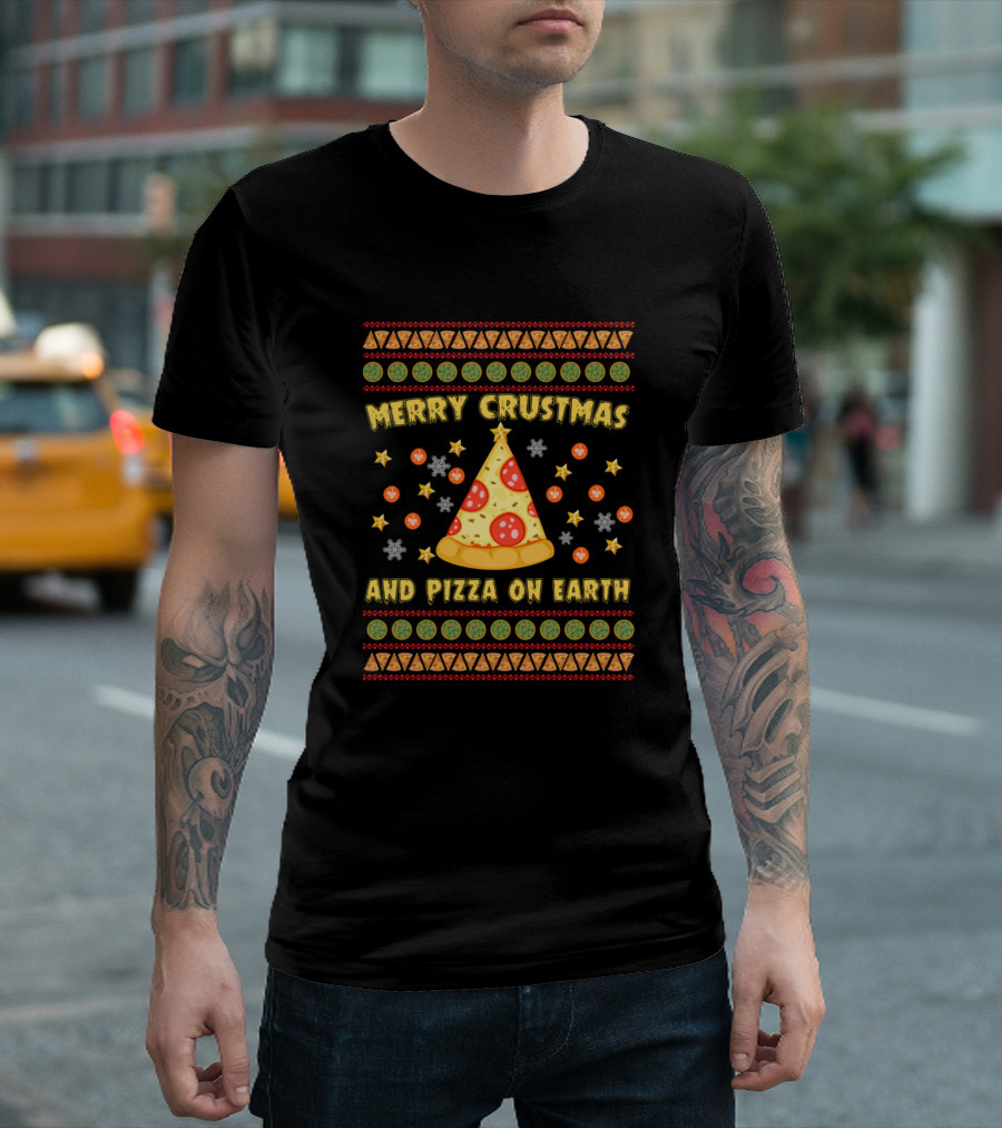 Merry Crustmas And Pizza On Earth Festive Pizza Slice Christmas T-Shirt