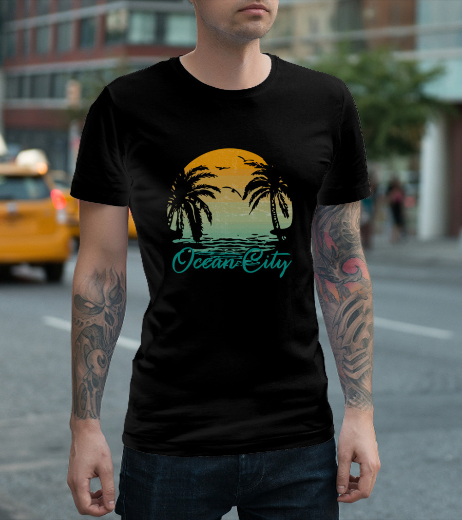 Ocean City Palm Trees Sunset Beach Scene T-Shirt