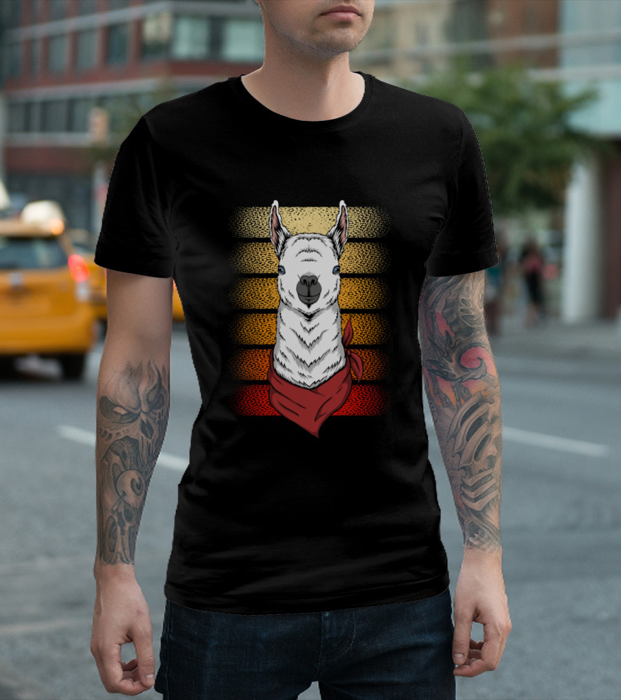 Retro Bandana Llama With Vintage Stripes T-Shirt