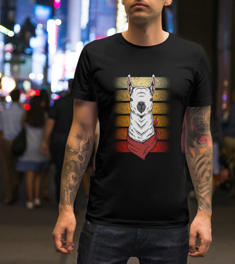 Retro Bandana Llama With Vintage Stripes T-Shirt