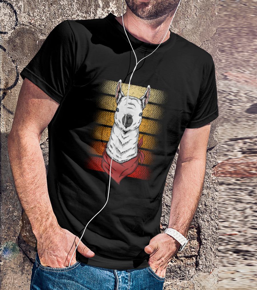 Retro Bandana Llama With Vintage Stripes T-Shirt