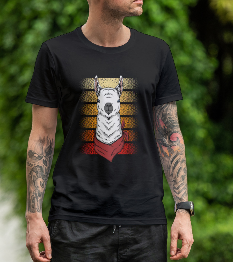Retro Bandana Llama With Vintage Stripes T-Shirt