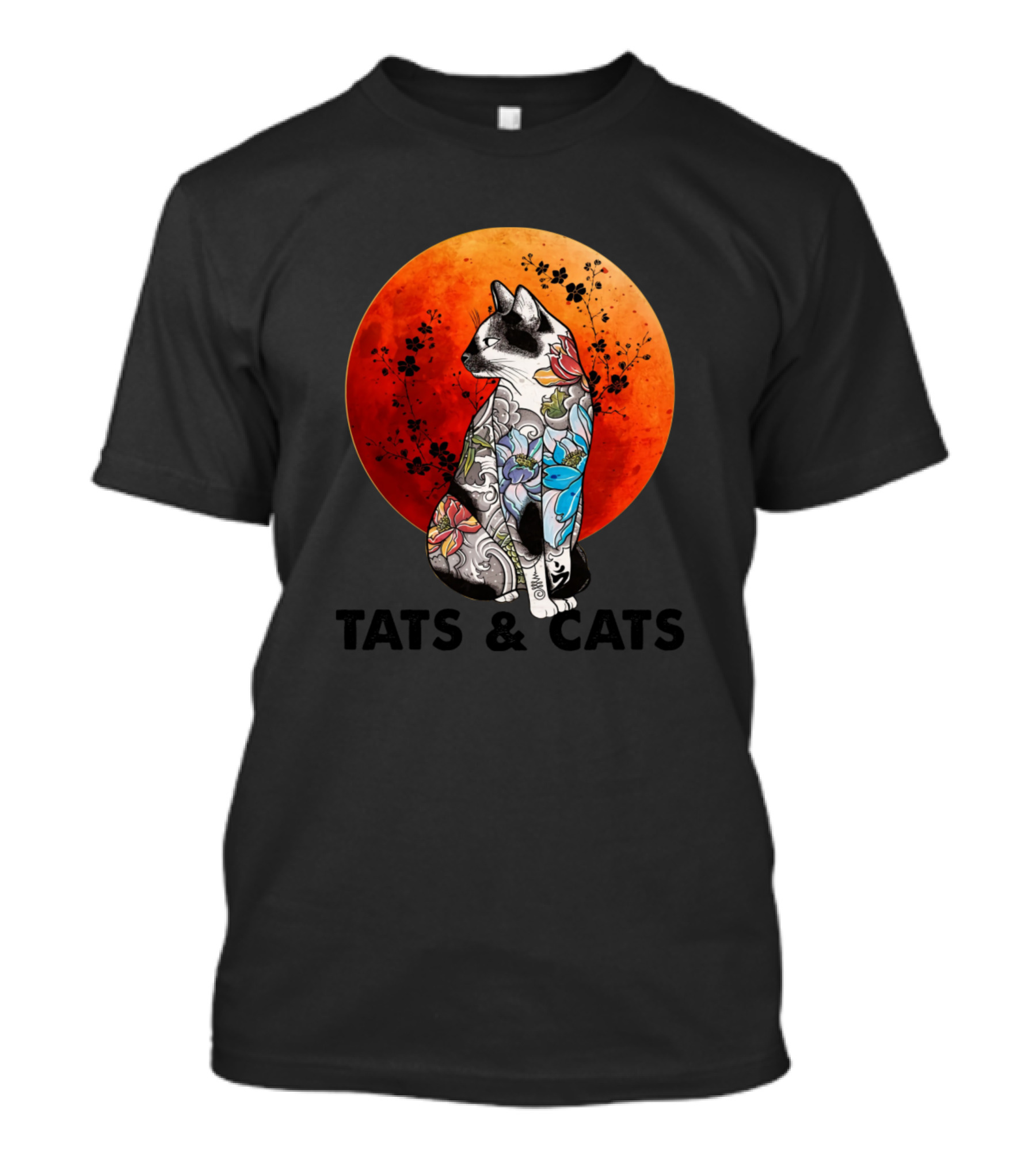 Tats And Cats Tattooed Cat With Floral Designs In Front Of Blood Moon T-Shirt
