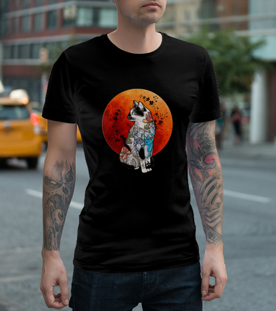 Tats And Cats Tattooed Cat With Floral Designs In Front Of Blood Moon T-Shirt