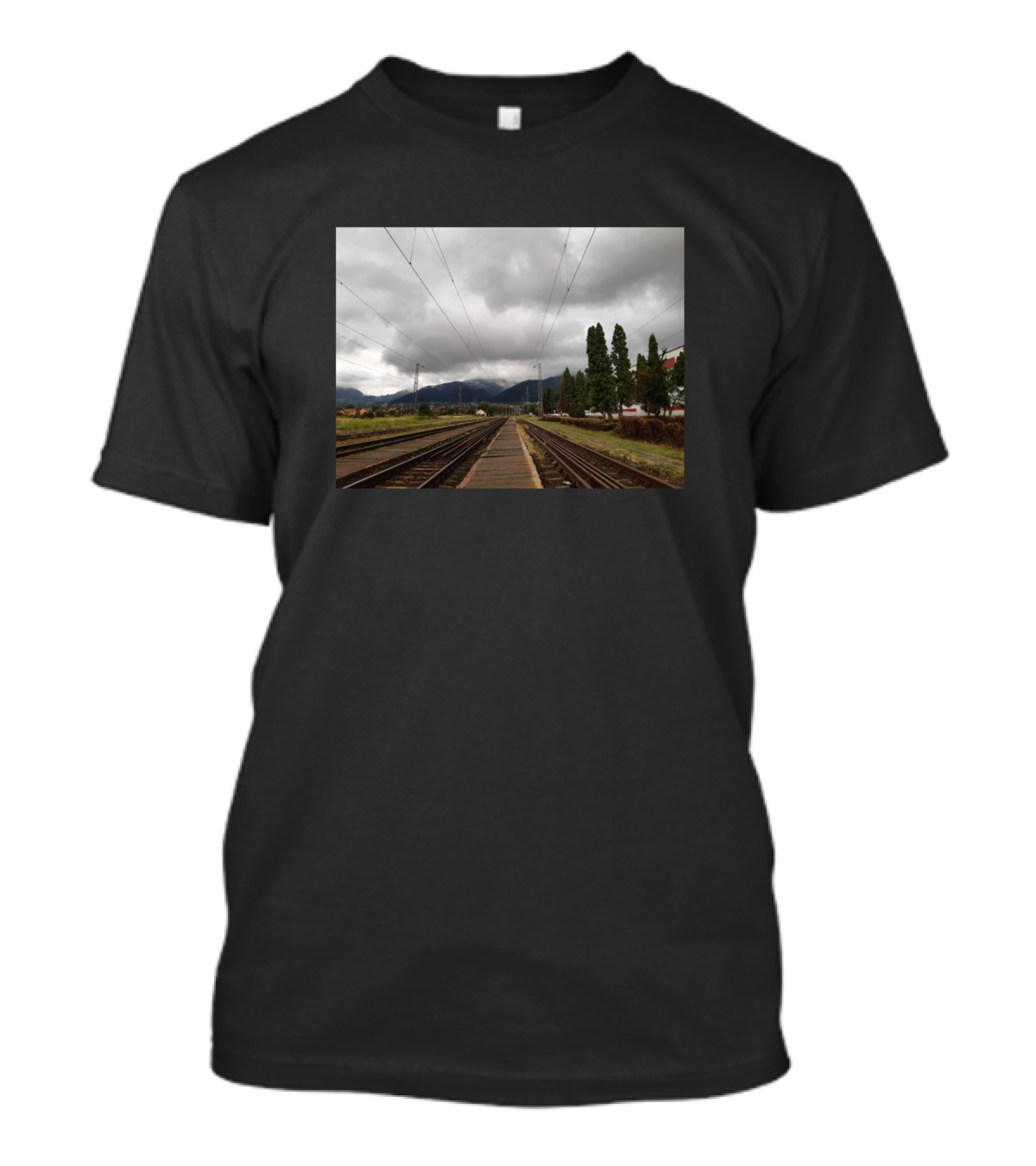 View Of Draculas House Train Tracks Under Cloudy Sky T-Shirt