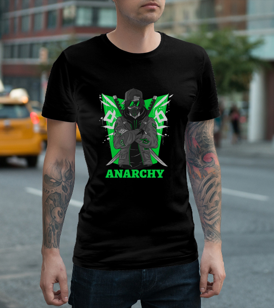Anarchy Ninja 09 Masked Swordsman with Crossed Katanas in Green and Black T-Shirt
